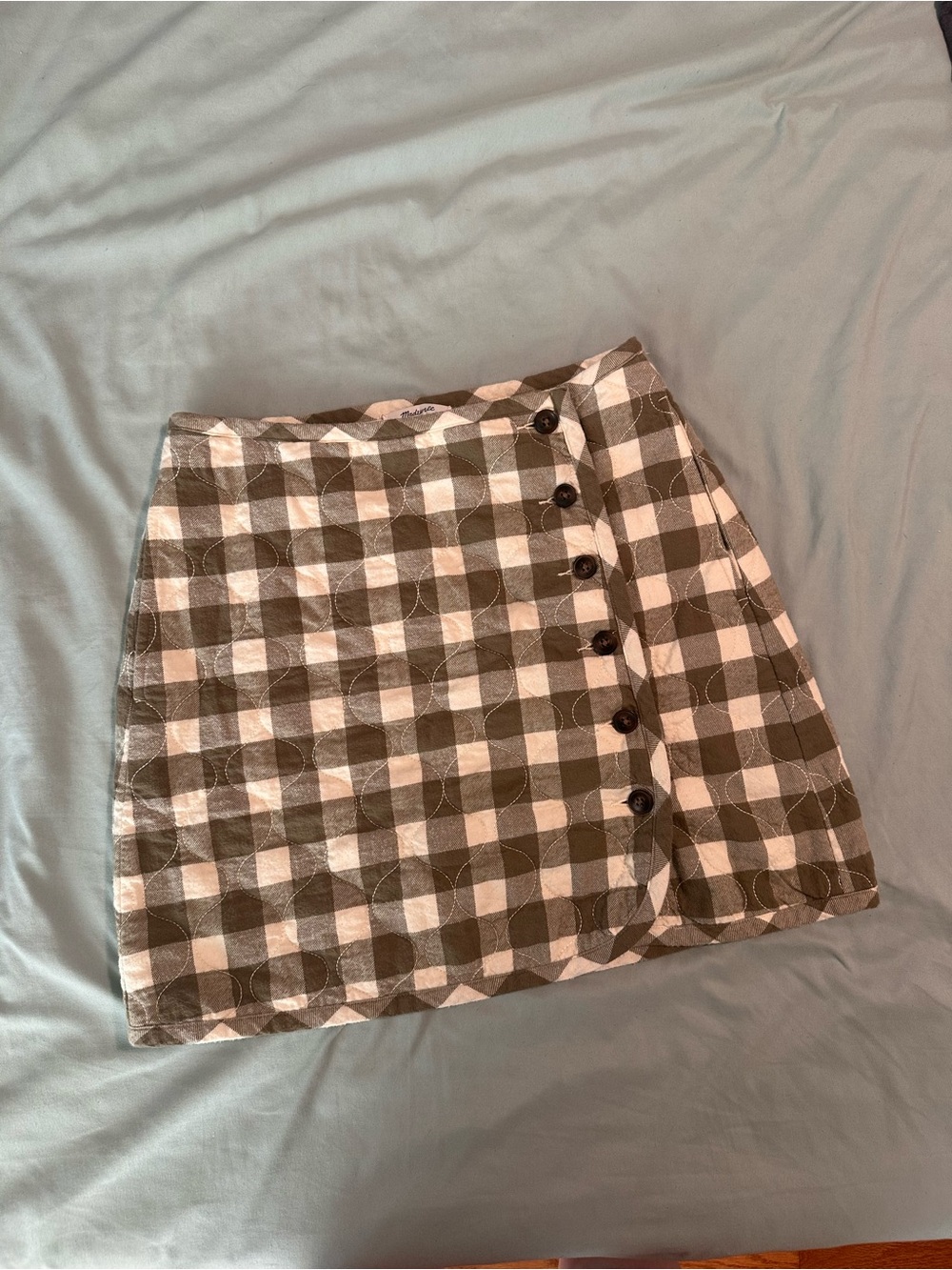 Madewell Women’s Sz 4 Olive Green & White Gingham Button-Front Skirt